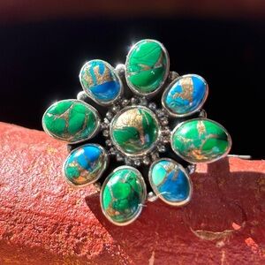 Peacock Turquoise and 925 Sterling Silver Flower Cluster Ring 7